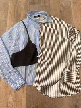 Ifu.house  Mixed-Stripe Button-Down Shirt in Blue & Black/White 0381